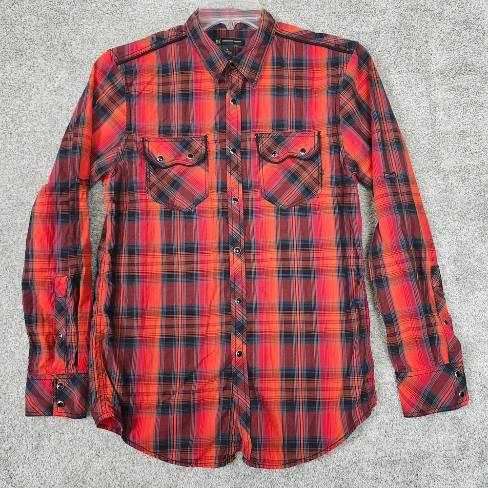 INC International Concepts Men's Small Button Up Shirt Red Plaid Pearl Snap